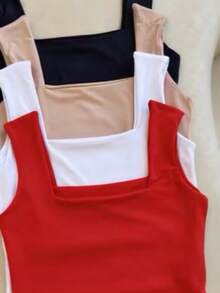 Set Of 4 Women's Tank Tops With Square Neckline, Straight Leg, Suplex Fabric, Summer Basic Plain, Fashionable, Elegant, , Blogger Style - RED WHITE BEIGE BLACK - View 2