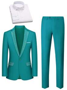 Men's 3-Piece Suit With Rhinestone Lapel, Slim Fit Blazer And Pants Set, Formal Business Wedding Prom Tuxedo With White Dress Shirt - 水鴨藍 - 查看 2