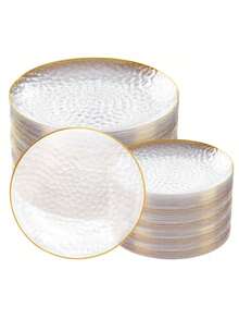 50/25/10pcs Elegant Transparent Gold-Rimmed Dinnerware Set, Salad Plates, Hammered Pattern Design Plates For Serving Desserts, Dishes, Steaks, Pasta, Cakes, Snacks, Fruit Platters - Perfect For Parties And Weddings: Birthday Parties, Weddings, Mother's Day, Mother's Day Gifts, All Kinds Of Parties (Kitchen Utensils, Full Tableware Set, Plates, Serving Trays, Kitchen Accessories) - 無色 - 查看 4