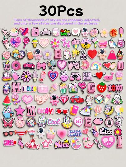 10/20/30/40/50/80/100/200/400PCS Flat Pink Mixed Package Series, Whale, Dessert, Unicorn, Cat, Butterfly, Starfish, Stationery, Detachable Washing, Pointe Fashion Accessories, Light Up Every Step Of Style, Inlaid In The Shoes Of The Craft Pearl Shining Bright, Cute Summer Daily Wear