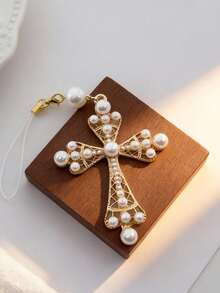 Lianxyfu 1Piece Elegant Phone Charm, Imitation Pearls Embellished Cross Pendant, Luxury Phone Case, Bag And Keychain Versatile Accessory, Fashion Gift - D - View 5