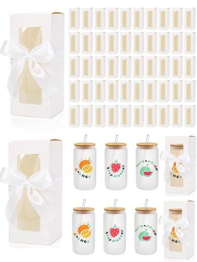 5PCS/1PC/Tumbler Gift Box With Window & Ribbon For Sublimation, Glass Cup Packaging For 12oz 16oz 20oz Drinking Jars, Wedding Bridal Shower Mother's Day Gifts Bulk Supplies (White)