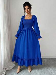 Spring Fall Square Neck Smocked Dress Women's Long Sleeve Trumpet Hem Ruffle Trim A-Line Casual Elegant Midi Dress - 寶藍色 - 查看 1