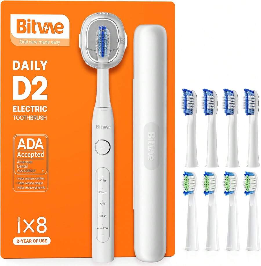 Bitvae Cepillo De Dientes Eléctrico Recargable, Aprobado por la , Cepillo Eléctrico Viaje con Batería Recargable de 60 Días de Duración, 5 Modos, Portacepillos, Color Negro - Blanco Frost - Ver 1
