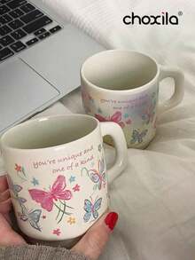 choxila 1个彩色蝴蝶图案咖啡杯，高品质浓缩咖啡杯，情侣牛奶杯，送给爱人和朋友的最佳礼物，容量340毫升。适用于下午茶、客厅、办公室、露营、咖啡馆和甜品店。 - 米色 - 查看 8