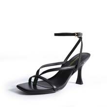 Women Kitten Heel Thong Heeled Sandals Fashion Open Toe Ankle Strap Summer Stiletto Heel Sandals Elegant Wedding Party Dress Shoes - 黑色 - 查看 3