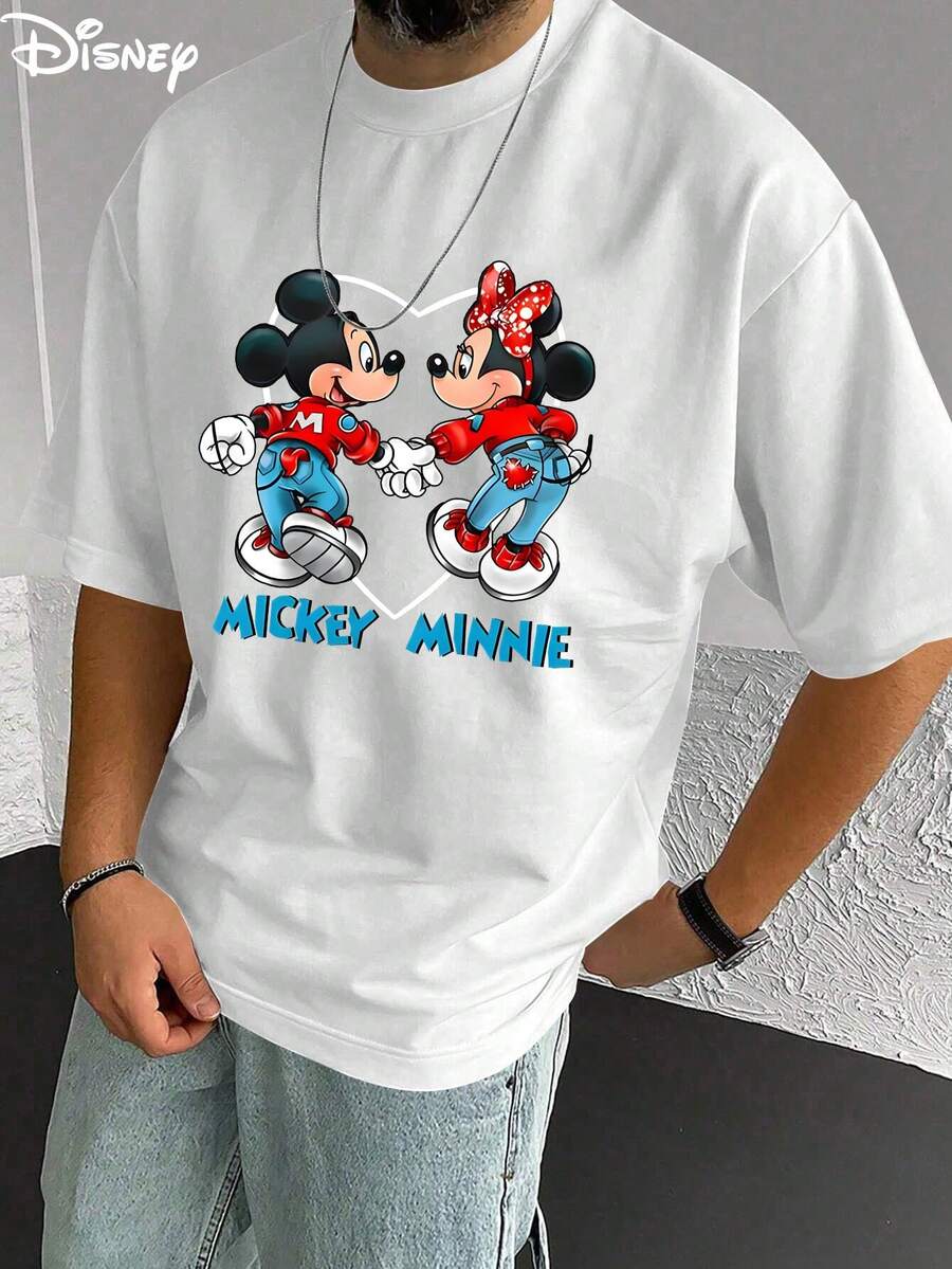 Disney Men's Casual T-Shirt, Mickey & Minnie "Couple" Print, Sweet Design, Comfortable Soft Fabric, Perfect For Couple Style - 白色 - 查看 1