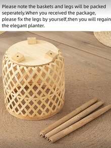 1 pieza Cesta de flores tejida estilo nórdico Ins para decoración de sala de estar, maceta de ratán, soporte de flores de balcón, cesta de mimbre - Beis - Ver 7