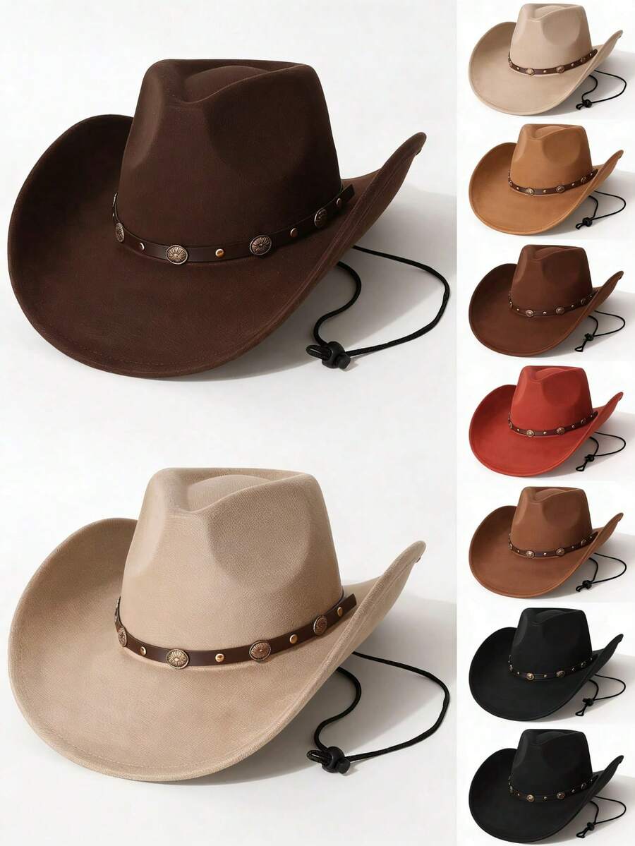 1 pieza Sombrero vaquero de mezclilla, estilo retro occidental, adecuado para exteriores, senderismo, festivales de música, decoración con remaches, sombrero de protección solar de ante sintético - A - Ver 1