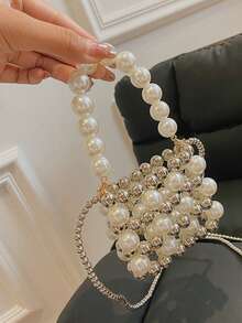 2026新款极简串珠小方包，时尚斜挎珍珠化妆包 - 銀色 - 查看 3