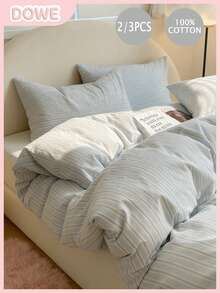 Bộ ga trải giường kẻ sọc 100% cotton (không bao gồm ruột chăn) - Mềm mại và thoáng khí, bộ ga trải giường in họa tiết kẻ sọc hiện đại, phù hợp cho phòng ngủ/phòng khách, trang trí nhà cửa và ký túc xá thiết yếu, bộ ga trải giường thoải mái cho mọi mùa. - Nhiều màu - Xem 1