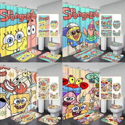 1 Set SpongeBob Cartoon Shower Curtain, Includes 12 Hooks, 180*180cm Waterproof Curtain, Non-Slip Mat, U-Shaped Toilet Lid And Toilet Seat Cover. Suitable For Room, Bedroom, Home, Bathroom Decor And Accessories, Also A Great Gift Choice For Holidays.
