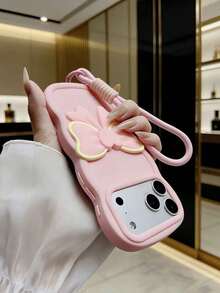 Goodbye Clumsiness! Pink Heart Bow Wave Edge Macaron Style Silicone Phone Case With Lanyard Strap, Compatible With Iphone 17, 17 Pro, 17 Pro Max, 16 Pro Max, 16 Pro, 16, 11, 12, 13, 14, 15, 12 Pro Max, 13 Pro Max, 14 Pro Max, 15 Pro Max, Apple Phone Protective Case - Pink - View 4