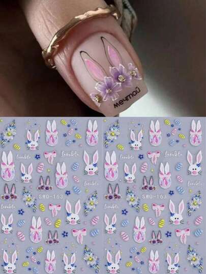 1pc Easter Design 5D Relief Nail Stickers, Nail Supplies, Cute Rabbit Colorful Flower Daisy Flower, Ears, Self-Adhesive Nail Decorations, Easter Egg Nail Art Decorations, Nail Supplies Suitable For Nail Enthusiasts, Nail Salon Water Cup Stickers