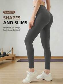 1件装女士无缝弹力透气速干紧身裤，瑜伽裤，塑形压缩裤，适合户外运动、居家瑜伽、健身房训练 - 灰色 - 查看 4