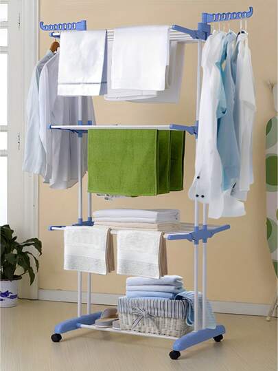 Extra-Large Capacity Clothes And Underwear Drying Rack, Vertical Foldable, Black And Blue, Suitable For Balconies And Laundry Rooms, Freestanding, Vertical Drying Rack, Foldable Stainless Steel Drying Rack, Mobile Drying Rack With 4 Wheels, Clothes Drying Rod, Clothes Drying Rack, 4-Layer Drying Rack, With Wheels, Adjustable Width, Foldable Side Wings, Drying Rack