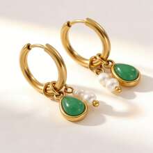 Minimalist Unique European Style 304 Stainless Steel Faux Pearl Leaf Drop Clip-On Earrings, Fashion New 18K Gold Plated Natural Stone Stainless Steel Jewelry Earrings For Women - Multicolor 2 - View 7