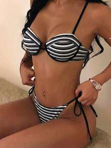Sultry Sol Conjunto de bikini de triángulo micro con cuello de halter y corbata a rayas, traje de baño sexy de verano para mujer - Blanco y Negro - Ver 5
