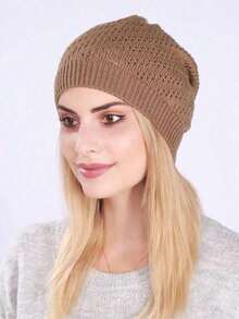 1pc Casual & Elegant Hollow Out Solid Color Acrylic Jacquard Beanie, Single Layer Thin Pleated Hollow Slouchy Hat, Windproof & Warm Outdoor Knitted Cap, Suitable For Autumn/Winter, Maternity Winter Hat UGWK - 深灰色 - 查看 3