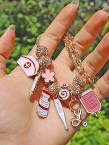 Pink Nurse Hat Charm Bracelet, Medicine Bottle & Syringe Pendant Charm Bracelet, Pink Nurse Stethoscope Bracelet, Pink Cosplay Bracelet - 護士節元素系列手鍊 - 查看 10
