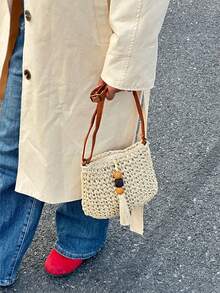 New Summer Straw Woven Small Crossbody Bag For Women, Unique Beach Vacation Phone Pouch - White - View 2