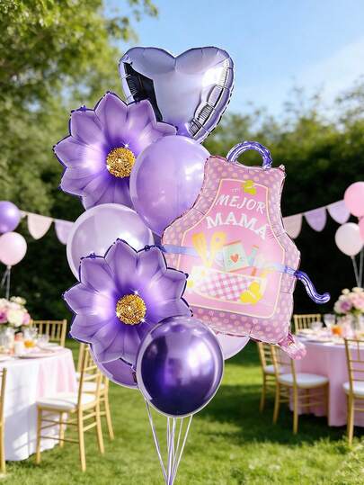 14件套紫色母亲节气球套装，包含西班牙母亲节围裙、紫色向日葵、心形气球和乳胶气球，适用于紫色母亲节主题派对、母亲节快乐装饰、妈妈生日、母亲节派对装饰、送给妈妈的礼物、室内外拍照装饰。