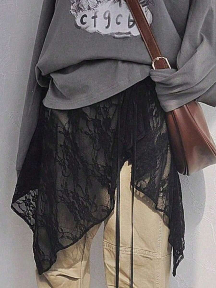 1pc Asymmetrical Yarn Skirt, Lace Elegant Yarn Skirt, Versatile Pinafore Dress Design - Multicolor - View 1