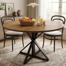 Mesa de Comedor Redonda de 47 Pulgadas para 4 Personas, Mesa de Comedor Circular de Madera, Pedestal de Metal Resistente y 4 Partes de Mesa, mesas Redondas de Cocina para Comedor, Cocina, Sala de - Marrón - Ver 1