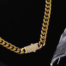 6mm Stainless Steel Necklace For Men, 14K Gold Plated Cuban Link Chain With Zirconia Stone, Titanium Steel Clasp, Holiday Gift - Style 1 - View 5