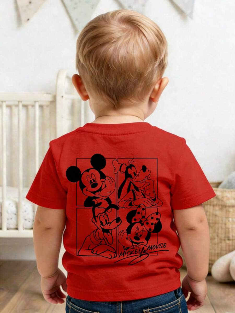 This Casual, Simple, Round-Neck Short-Sleeved T-Shirt Features Disney's Mickey And Minnie Mouse And Their Friends, And Is Designed For Both Baby Boys And Girls, Making It An Ideal Choice For Summer Wear. - 紅色 - 查看 1
