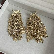 夸张的金色烟火风格麦穗流苏耳环，饰有花卉水晶拼接设计，镶满钻石的垂坠耳环 - 彩色 - 查看 5