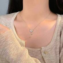 1 Classic Elegant Bling Butterfly Tassel Necklace - Silver - View 2