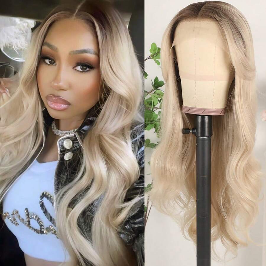 13x4 Free Part Blonde Highlight Brown Color Long Body Wave Lace Front Wig Pre Plucked Hairline Glueless Soft Warm Brown Wavy Hair Wig 26 Inch Heat Resistant Synthetic Hair Breathable HD Lace Wig For Women Girls Daily & Party Use Synthetic Hair Replacement Wig Ready To Wear Wig 180% Density - 漸變金色 - 查看 1