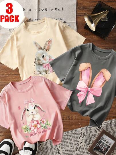3pcs/Set Tween Girls' Printed Short Sleeve T-Shirts, Suitable For Tween GirlsSummer Tops, Young Student Clothing