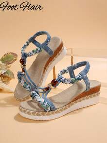 Women's Handmade Beaded Woven Toe-Ring Rope Bottom Sandals, Bohemian Style, Spring/Summer New Platform Thick Bottom Comfortable Outdoor Sandals, Random Floral Pattern - Dusty Blue - View 7