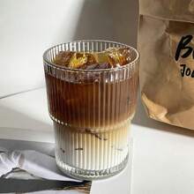 1pc Ins Style Striped Glass Coffee Cup With Lid And Straw, Portable Minimalist Design, Can Hold Water, Tea Or Coffee, Round Shape, 400ml Capacity - Multicolor - View 3