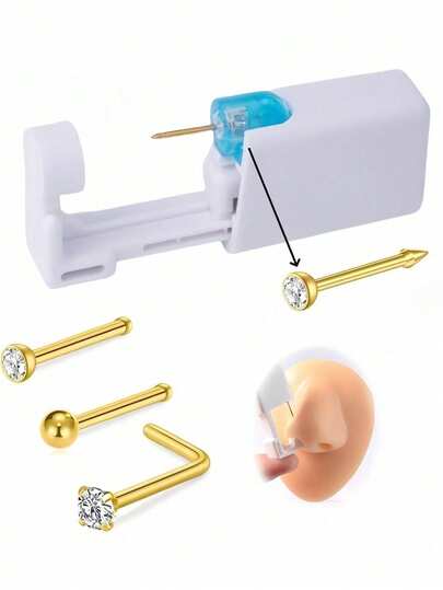 4 قطع/مجموعة طقم ثقب الأنف الاستريلي والقابل للتخلص منه، يشمل 1 وخز أنف كلاسيكي أبيض مرصع بالماس و3 إكسسوارات مجوهرات وخز الأنف الكلاسيكية، سهل الاستخدام للأغراض الشخصية أو أدوات التجميل