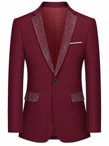 Men's 3-Piece Suit With Rhinestone Lapel, Slim Fit Blazer And Pants Set, Formal Business Wedding Prom Tuxedo With White Dress Shirt - Màu Đỏ Sâu - Xem 6