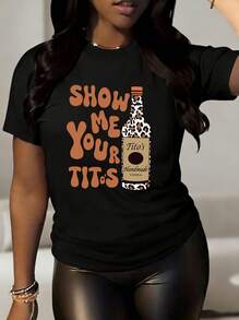 Women's  Graphic T-Shirt - "Show Me Your Tito's" Leopard Print Vodka Bottle Design, Soft Cotton Casual Tee, Flattering Relaxed Fit For Brunch & Weekend Errands, Gift For Vodka Lovers - 黑色 - 查看 1