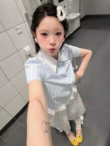 2-In-1 Polo Collar Short Sleeve Striped Patchwork Cropped Shirt For Women, Summer - Blue - View 3