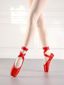 女士专业芭蕾舞鞋，配缎带，时尚红色缎面舞蹈鞋 - 紅色 - 查看 4