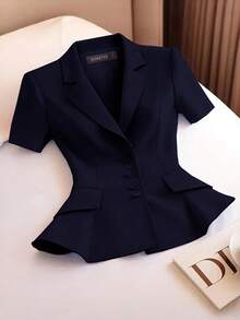 HOMEYEE Áo khoác blazer nữ tay ngắn ôm eo, có cúc và túi, kiểu dáng công sở chuyên nghiệp, thích hợp cho mùa xuân/hè. - Màu xanh hải quân - Xem 5