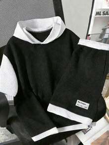 Set de 2 piezas de ropa deportiva casual para niños, conjunto de camiseta de manga corta con capucha y pantalones cortos con diseño de parche de waffle, para primavera/verano - Negro - Ver 8
