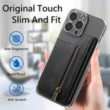 1pc Retro PU Leather Phone With Card Holder Pouch, Zip Wallet, Kickstand, Universal Desk Holder - Multicolor - View 4