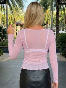 Women Rhinestone Sheer Tops Slim Bling See Through Long Sleeve Lettuce Trim Shirts For Daily Party Club - Pink - View 6