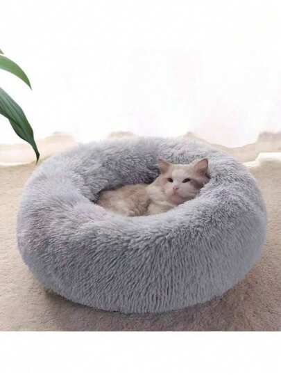1pc Soft Long Plush Round Pet Bed, Suitable For Cats Or Small Dogs, Warm & Breathable For All Seasons, Easy To Clean, Pet Bed, Dog Bed, Cat Bed, Pet Supplies