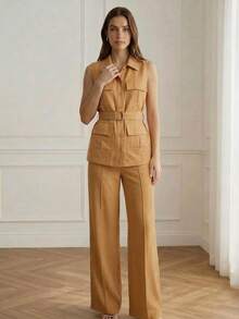 ADD MODA REF Y578 TAILORED SUIT WITH TROUSERS AND UTILITY VEST WITH POCKETS AND WAIST BELT - 棕色 - 查看 4