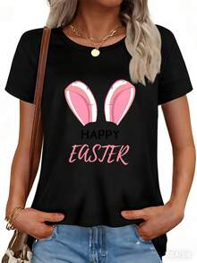 Women's T-Shirts - Easter Bunny Pattern - Letter - Round Neck - Funny And Cute Tops - Casual - Loose-Fitting Blouse With Letters - Leisure Shirt - 黑色 - 查看 3