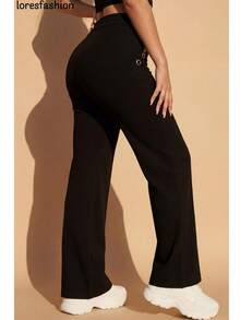 Pantalón de vestir mujer cintura alta pierna ancha stretch crepé casual elegante para oficina reuniones eventos bolsillos pretina elasticada botón forrado antiarrugas sin transparencia suave - Negro - Ver 3