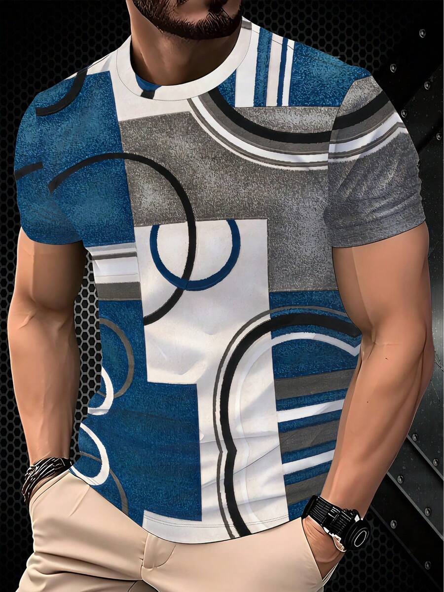 Men's Casual Round Neck T-Shirt, 3D Geometric Contrast Color Pattern, Short Sleeve Design, Suitable For Outdoor Sports - Grey - View 1